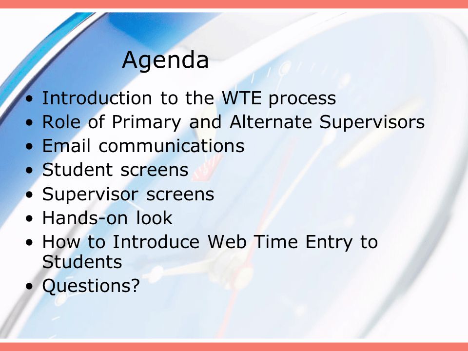 Agenda Introduction to the WTE process Role of Primary and Alternate Supervisors  communications Student screens Supervisor screens Hands-on look How to Introduce Web Time Entry to Students Questions