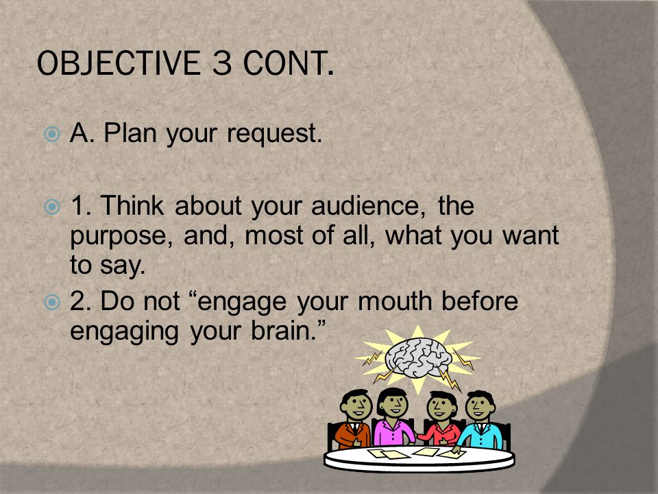 OBJECTIVE 3 CONT.  A. Plan your request.  1.