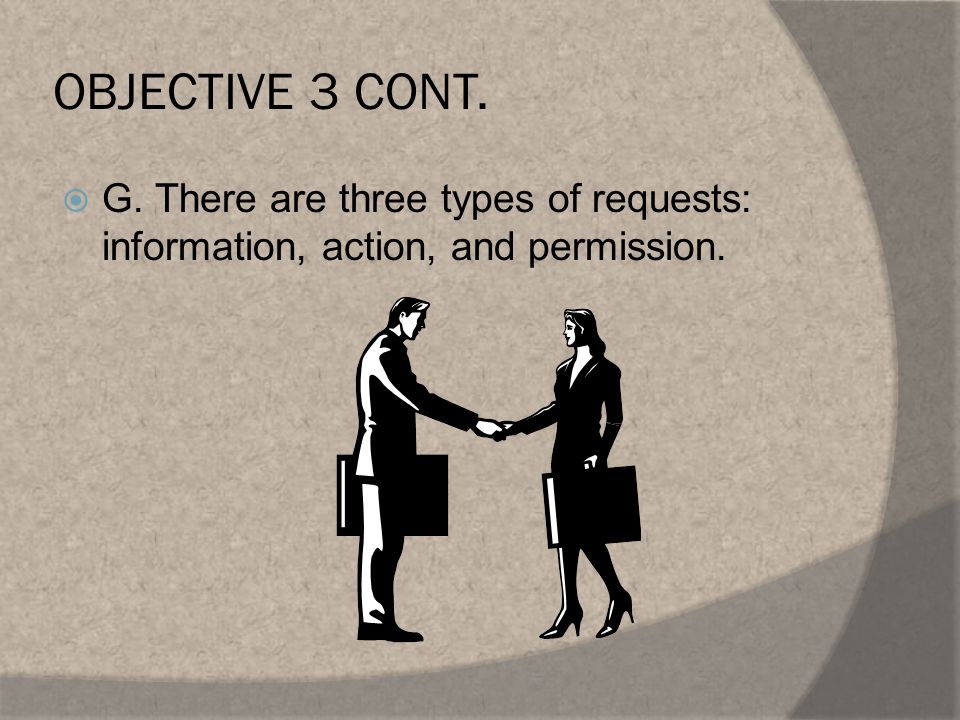OBJECTIVE 3 CONT.  G. There are three types of requests: information, action, and permission.
