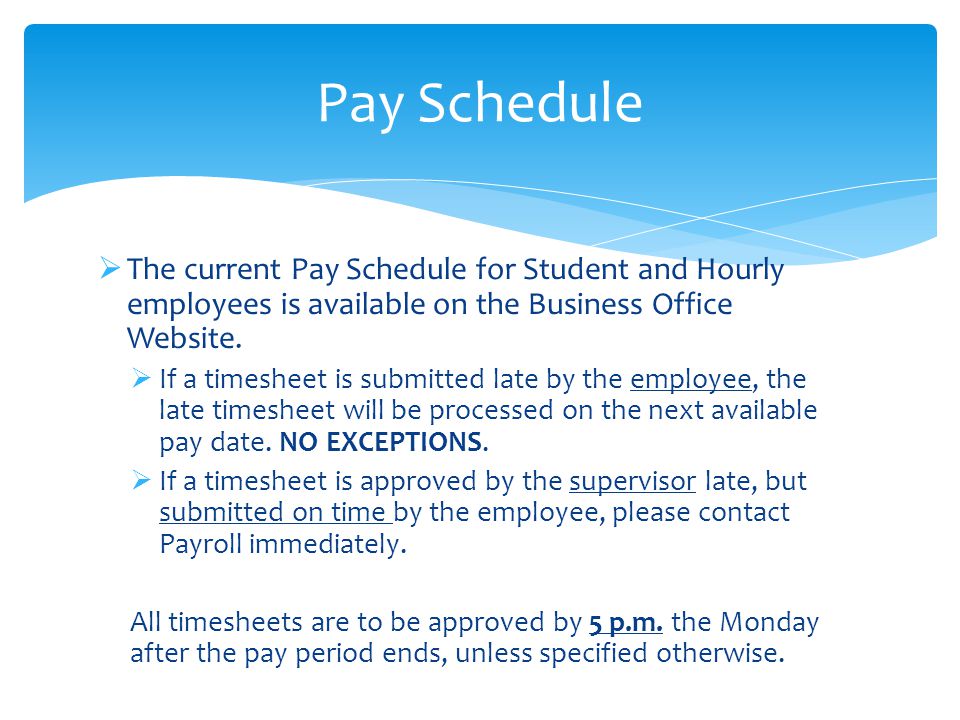  The current Pay Schedule for Student and Hourly employees is available on the Business Office Website.