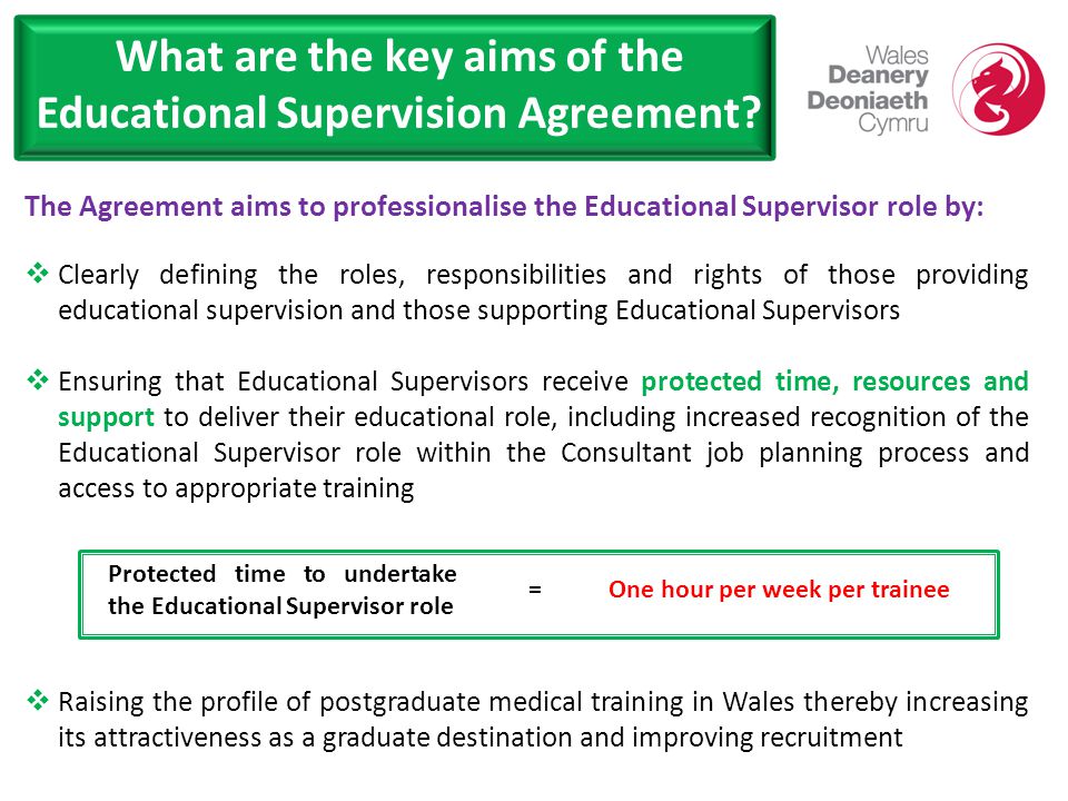 The Agreement aims to professionalise the Educational Supervisor role by:  Clearly defining the roles, responsibilities and rights of those providing educational supervision and those supporting Educational Supervisors  Ensuring that Educational Supervisors receive protected time, resources and support to deliver their educational role, including increased recognition of the Educational Supervisor role within the Consultant job planning process and access to appropriate training  Raising the profile of postgraduate medical training in Wales thereby increasing its attractiveness as a graduate destination and improving recruitment What are the key aims of the Educational Supervision Agreement.