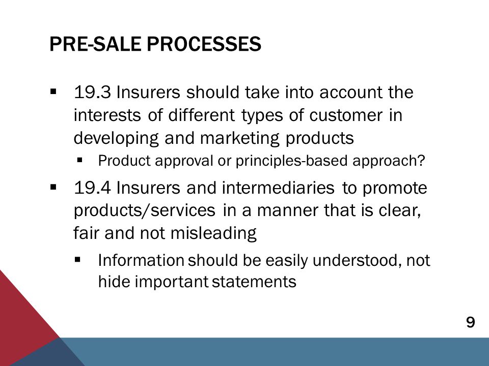 PRE-SALE PROCESSES  19.3 Insurers should take into account the interests of different types of customer in developing and marketing products  Product approval or principles-based approach.