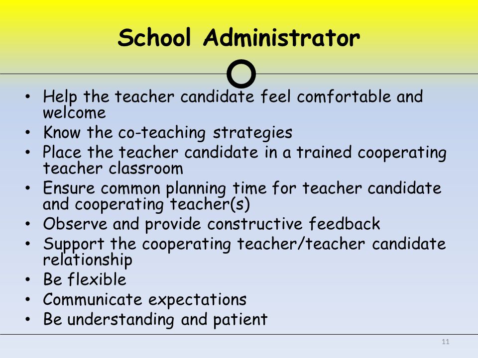 School Administrator Help the teacher candidate feel comfortable and welcome Know the co-teaching strategies Place the teacher candidate in a trained cooperating teacher classroom Ensure common planning time for teacher candidate and cooperating teacher(s) Observe and provide constructive feedback Support the cooperating teacher/teacher candidate relationship Be flexible Communicate expectations Be understanding and patient 11