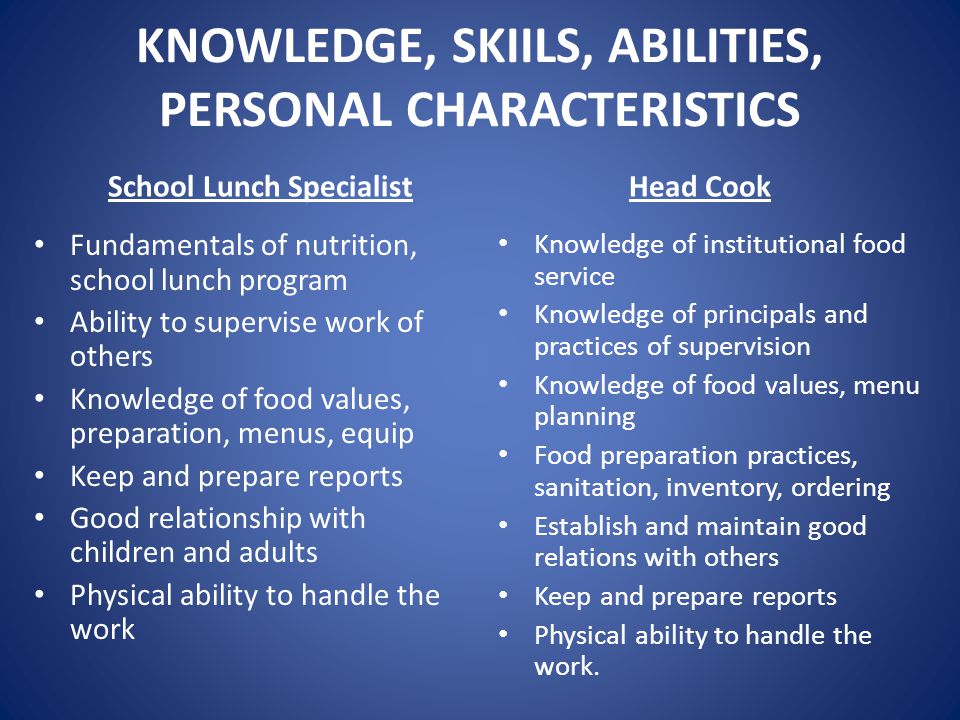 KNOWLEDGE, SKIILS, ABILITIES, PERSONAL CHARACTERISTICS School Lunch Specialist Fundamentals of nutrition, school lunch program Ability to supervise work of others Knowledge of food values, preparation, menus, equip Keep and prepare reports Good relationship with children and adults Physical ability to handle the work Head Cook Knowledge of institutional food service Knowledge of principals and practices of supervision Knowledge of food values, menu planning Food preparation practices, sanitation, inventory, ordering Establish and maintain good relations with others Keep and prepare reports Physical ability to handle the work.