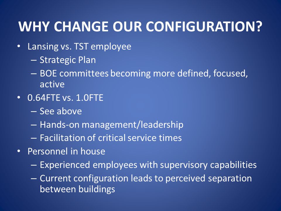 WHY CHANGE OUR CONFIGURATION. Lansing vs.