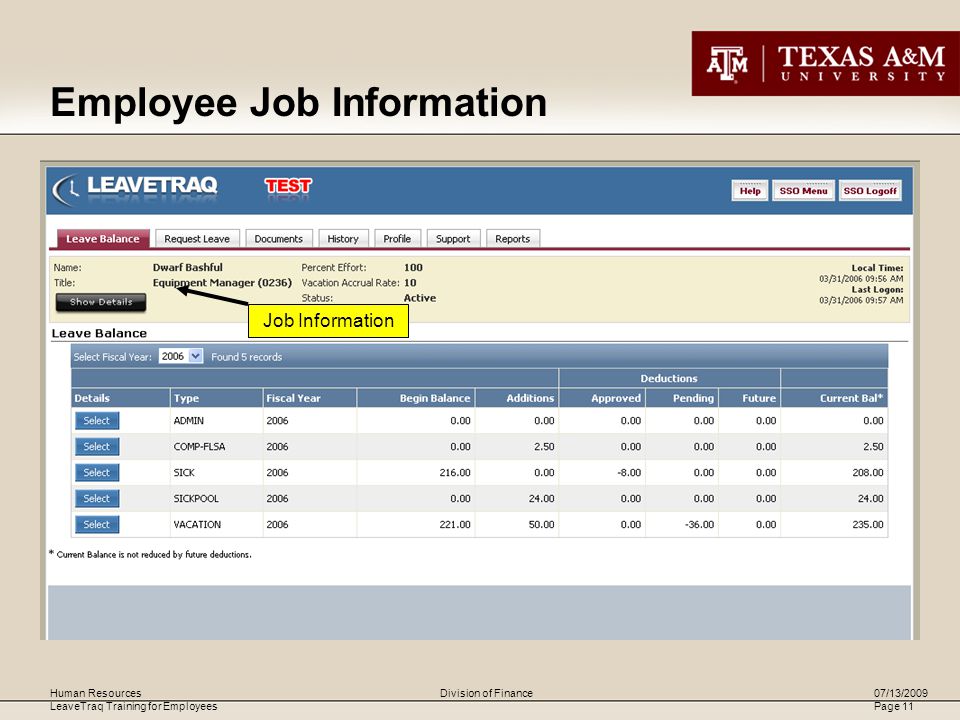 Human Resources LeaveTraq Training for Employees 07/13/2009 Page 11 Division of Finance Job Information Employee Job Information