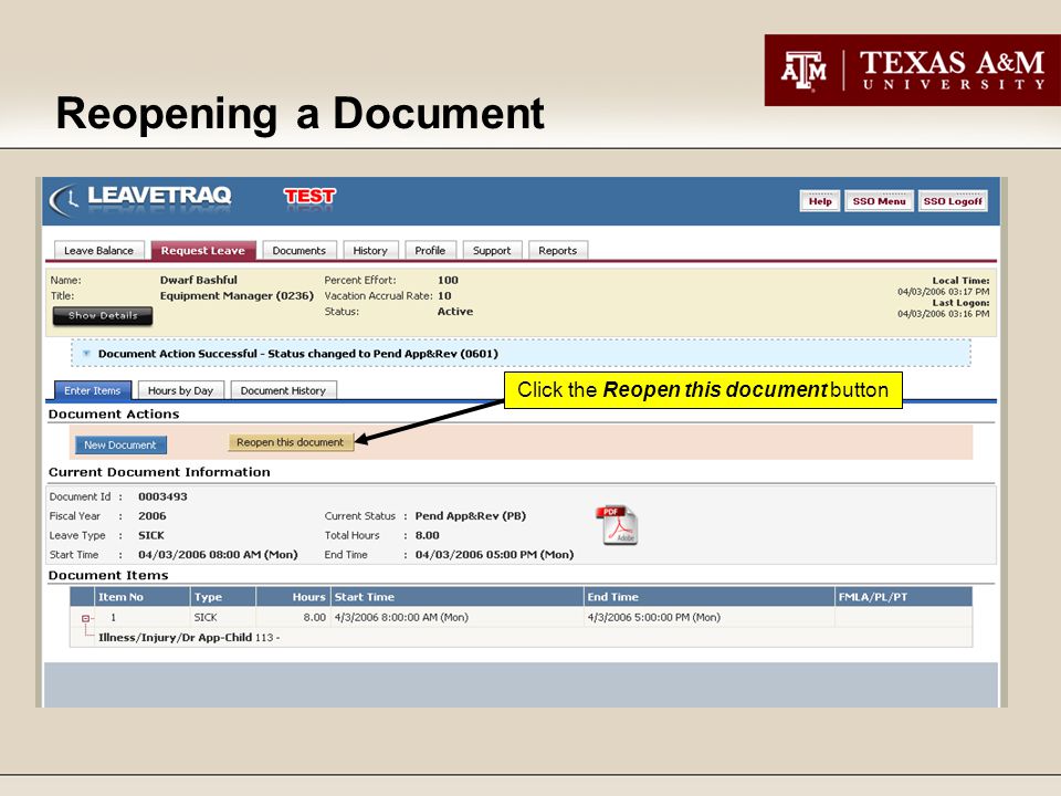 Click the Reopen this document button Reopening a Document