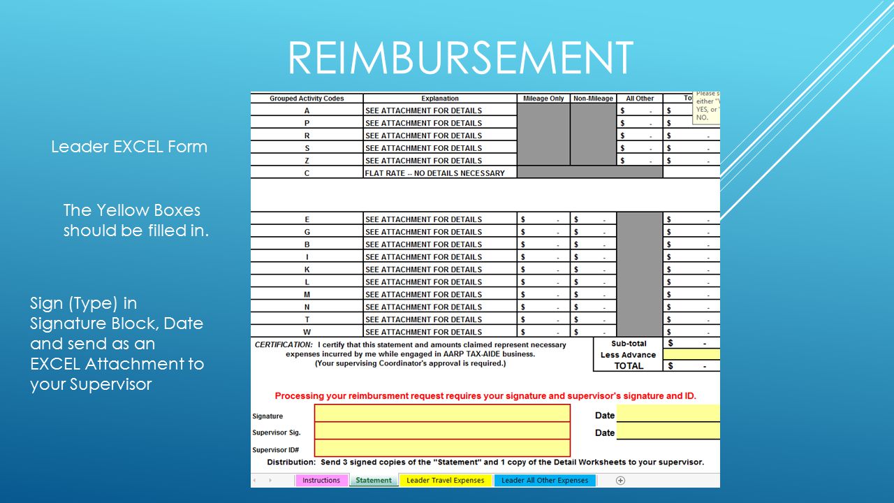 REIMBURSEMENT Leader EXCEL Form The Yellow Boxes should be filled in.
