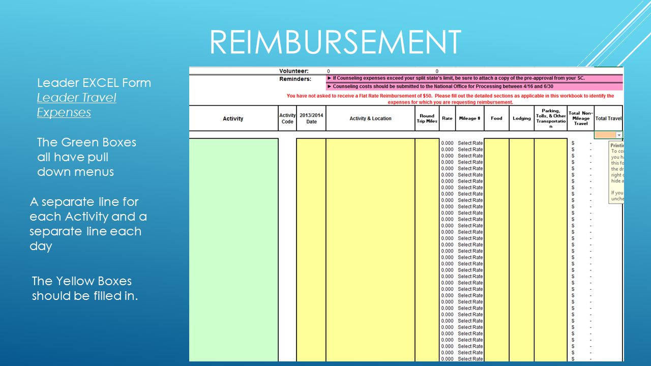 REIMBURSEMENT Leader EXCEL Form Leader Travel Expenses The Yellow Boxes should be filled in.