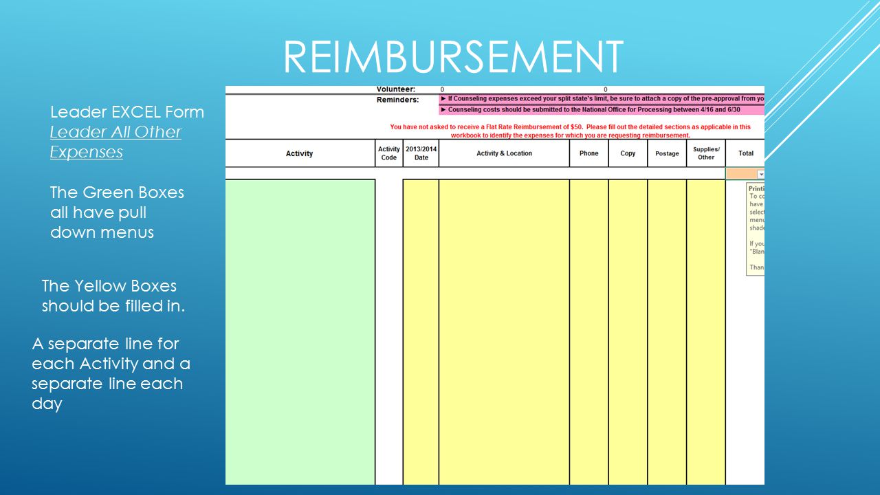 REIMBURSEMENT Leader EXCEL Form Leader All Other Expenses The Yellow Boxes should be filled in.