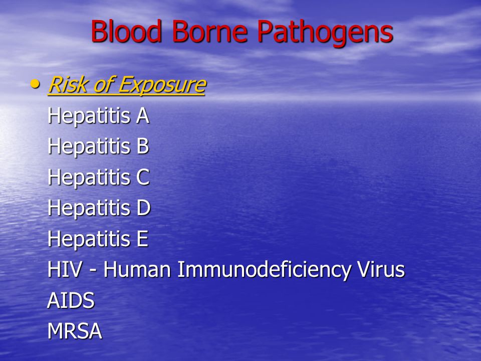 Blood Borne Pathogens Risk of Exposure Risk of Exposure Hepatitis A Hepatitis B Hepatitis C Hepatitis D Hepatitis E HIV - Human Immunodeficiency Virus AIDSMRSA