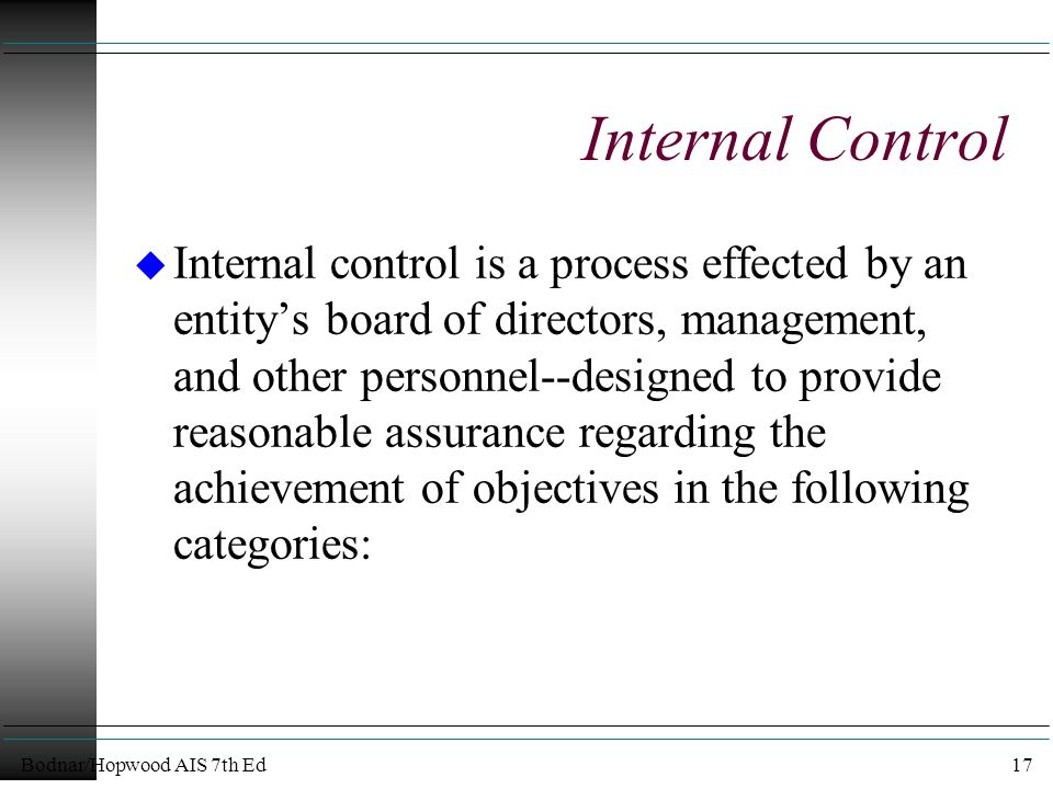 Bodnar/Hopwood AIS 7th Ed17 Internal Control u Internal control is a process effected by an entity’s board of directors, management, and other personnel--designed to provide reasonable assurance regarding the achievement of objectives in the following categories:
