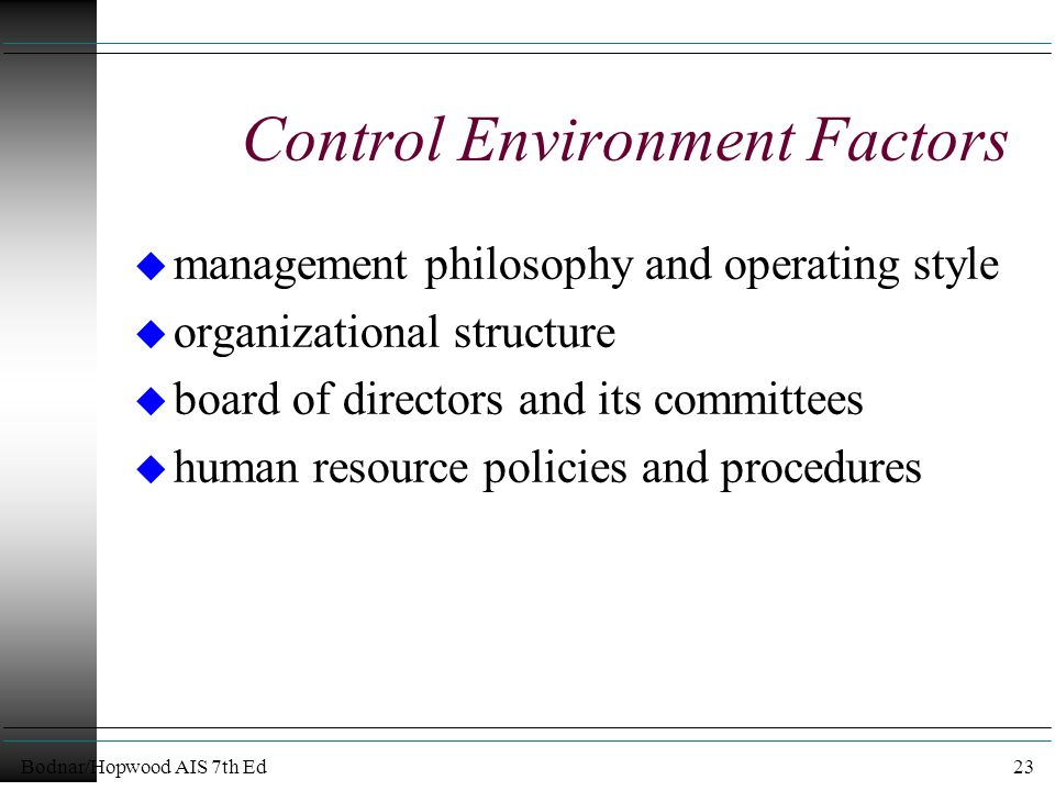 Bodnar/Hopwood AIS 7th Ed23 Control Environment Factors u management philosophy and operating style u organizational structure u board of directors and its committees u human resource policies and procedures