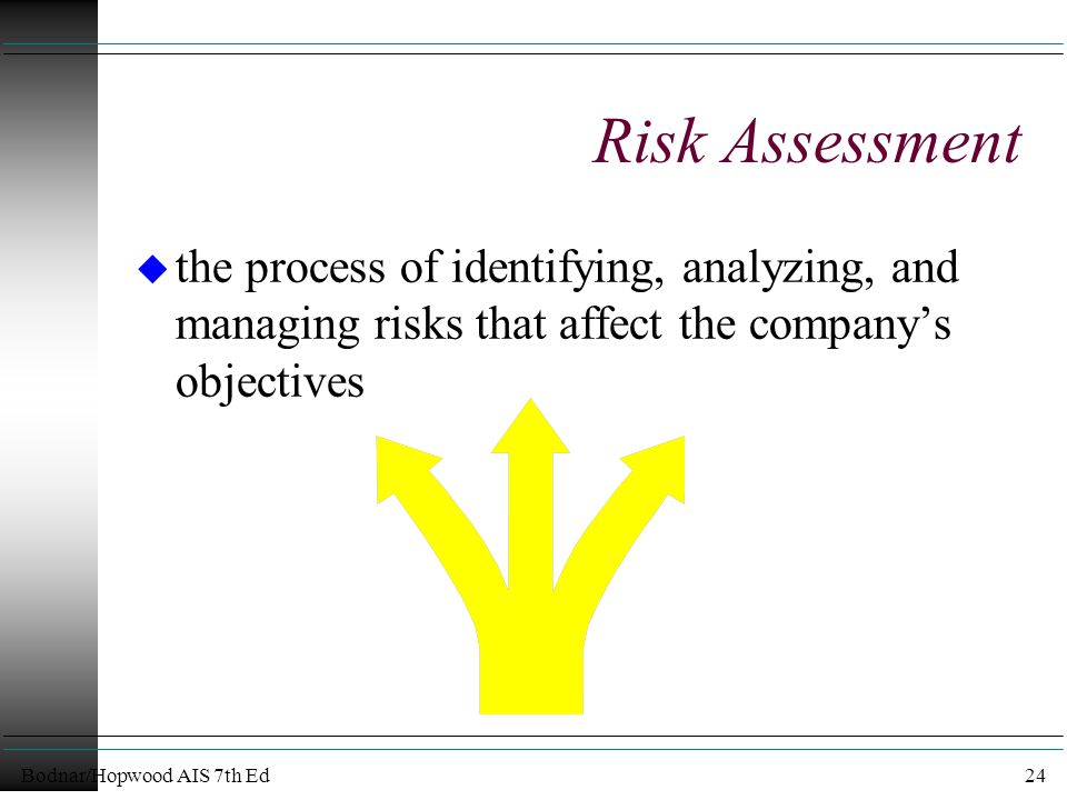 Bodnar/Hopwood AIS 7th Ed24 Risk Assessment u the process of identifying, analyzing, and managing risks that affect the company’s objectives