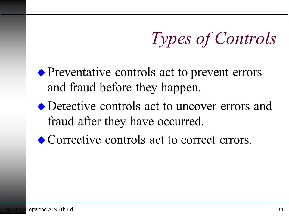 Bodnar/Hopwood AIS 7th Ed34 Types of Controls u Preventative controls act to prevent errors and fraud before they happen.