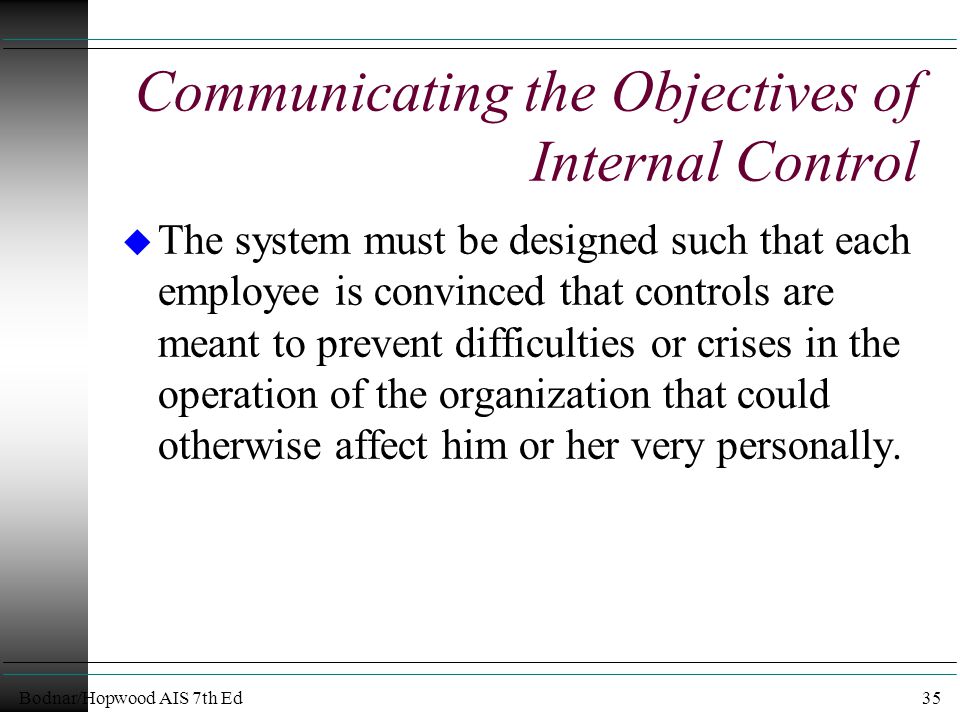 Bodnar/Hopwood AIS 7th Ed35 Communicating the Objectives of Internal Control u The system must be designed such that each employee is convinced that controls are meant to prevent difficulties or crises in the operation of the organization that could otherwise affect him or her very personally.