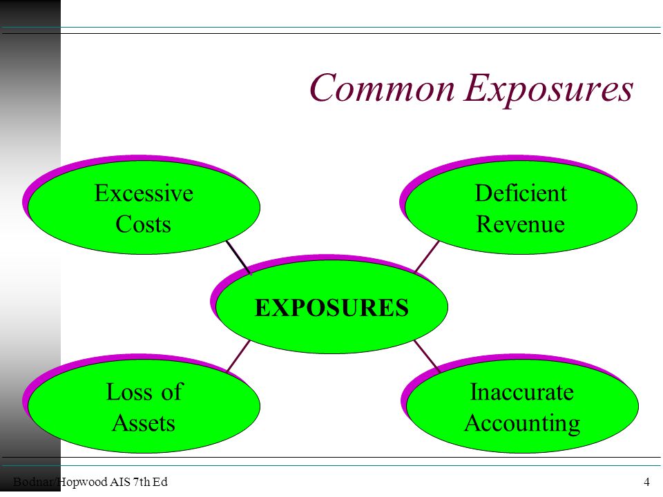 Bodnar/Hopwood AIS 7th Ed4 Common Exposures EXPOSURES Excessive Costs Excessive Costs Deficient Revenue Deficient Revenue Inaccurate Accounting Inaccurate Accounting Loss of Assets Loss of Assets