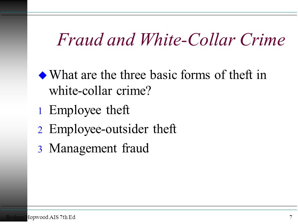Bodnar/Hopwood AIS 7th Ed7 Fraud and White-Collar Crime u What are the three basic forms of theft in white-collar crime.
