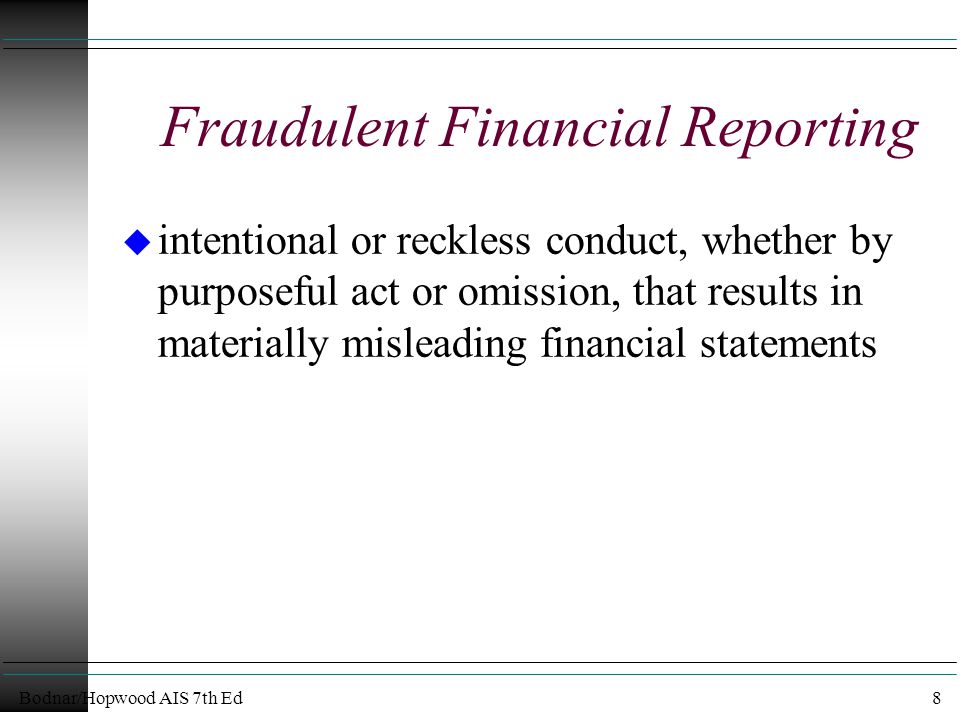 Bodnar/Hopwood AIS 7th Ed8 Fraudulent Financial Reporting u intentional or reckless conduct, whether by purposeful act or omission, that results in materially misleading financial statements
