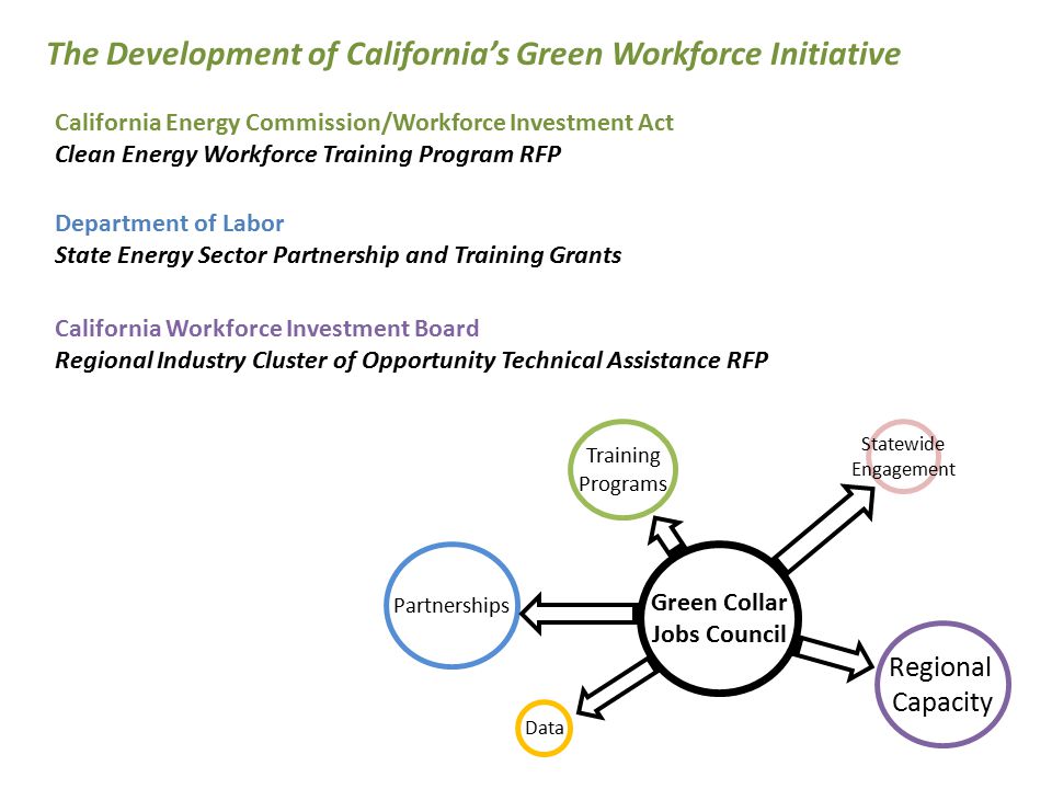 Partnerships Data Regional Capacity Statewide Engagement Training Programs The Development of California’s Green Workforce Initiative California Energy Commission/Workforce Investment Act Clean Energy Workforce Training Program RFP Department of Labor State Energy Sector Partnership and Training Grants California Workforce Investment Board Regional Industry Cluster of Opportunity Technical Assistance RFP Green Collar Jobs Council