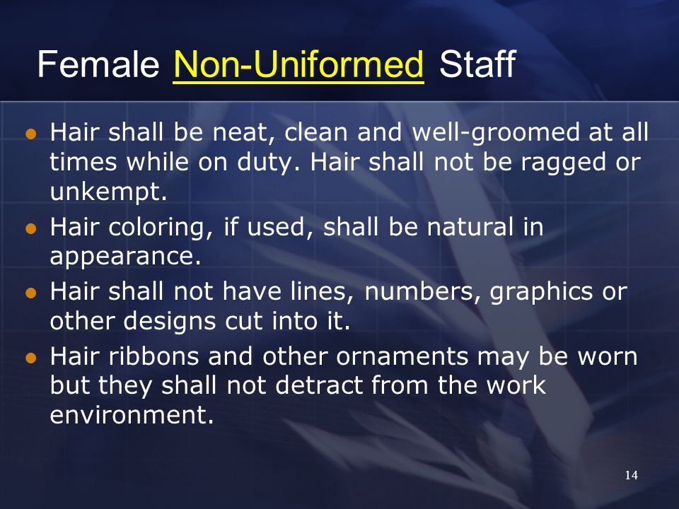 14 Female Non-Uniformed Staff Hair shall be neat, clean and well-groomed at all times while on duty.