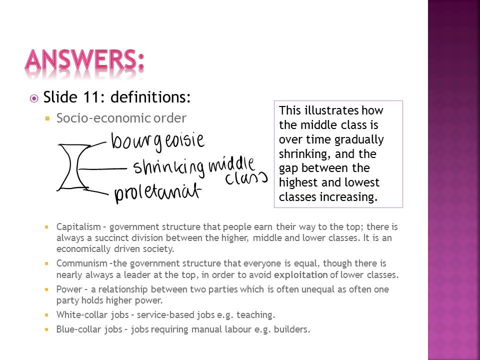 Slide 11: definitions:  Socio-economic order  Capitalism – government structure that people earn their way to the top; there is always a succinct division between the higher, middle and lower classes.