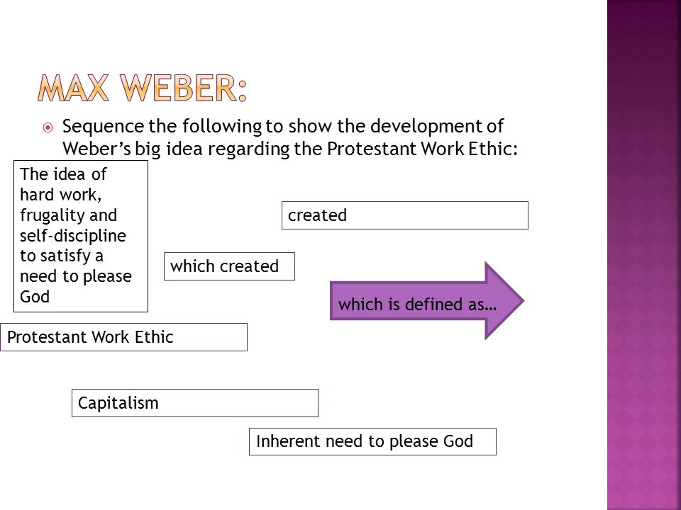  Sequence the following to show the development of Weber’s big idea regarding the Protestant Work Ethic: Inherent need to please God created Capitalism which created Protestant Work Ethic which is defined as… The idea of hard work, frugality and self-discipline to satisfy a need to please God