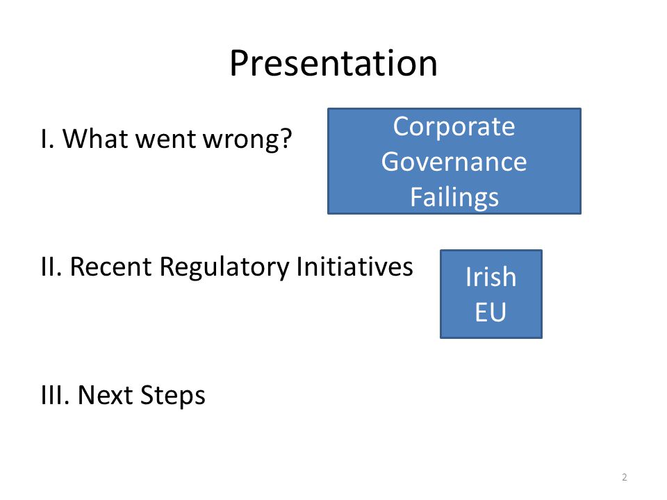 Presentation I. What went wrong. II. Recent Regulatory Initiatives III.