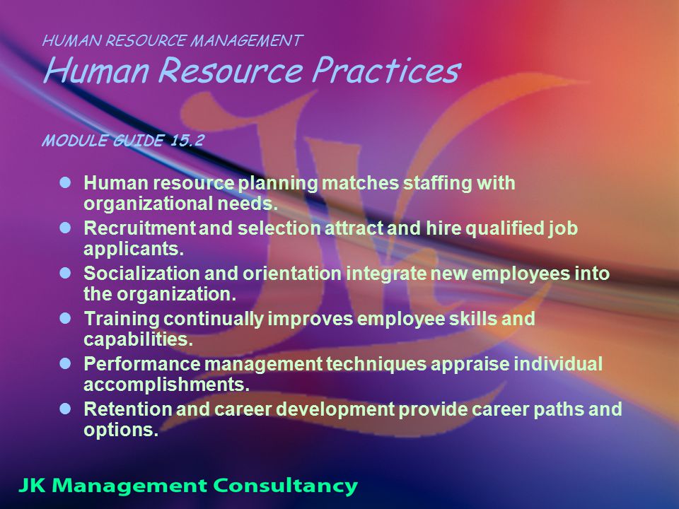 HUMAN RESOURCE MANAGEMENT Human Resource Practices MODULE GUIDE 15.2 Human resource planning matches staffing with organizational needs.