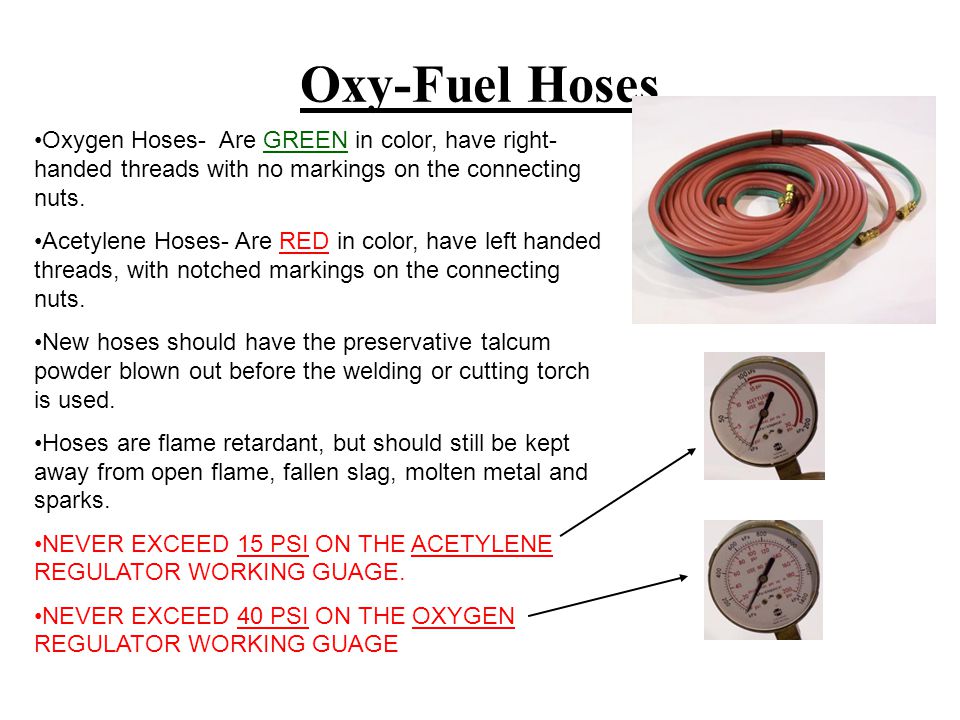 Oxy-Fuel Hoses Oxygen Hoses- Are GREEN in color, have right- handed threads with no markings on the connecting nuts.