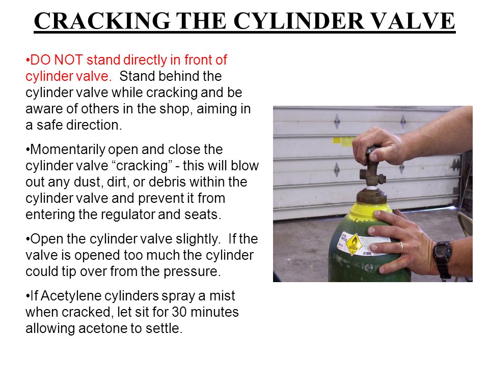 CRACKING THE CYLINDER VALVE DO NOT stand directly in front of cylinder valve.