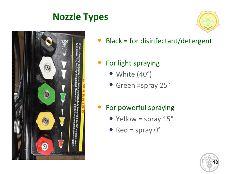 Nozzle Types Black = for disinfectant/detergent For light spraying White (40°) Green =spray 25° For powerful spraying Yellow = spray 15° Red = spray 0° 13
