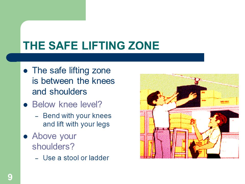 9 THE SAFE LIFTING ZONE The safe lifting zone is between the knees and shoulders Below knee level.