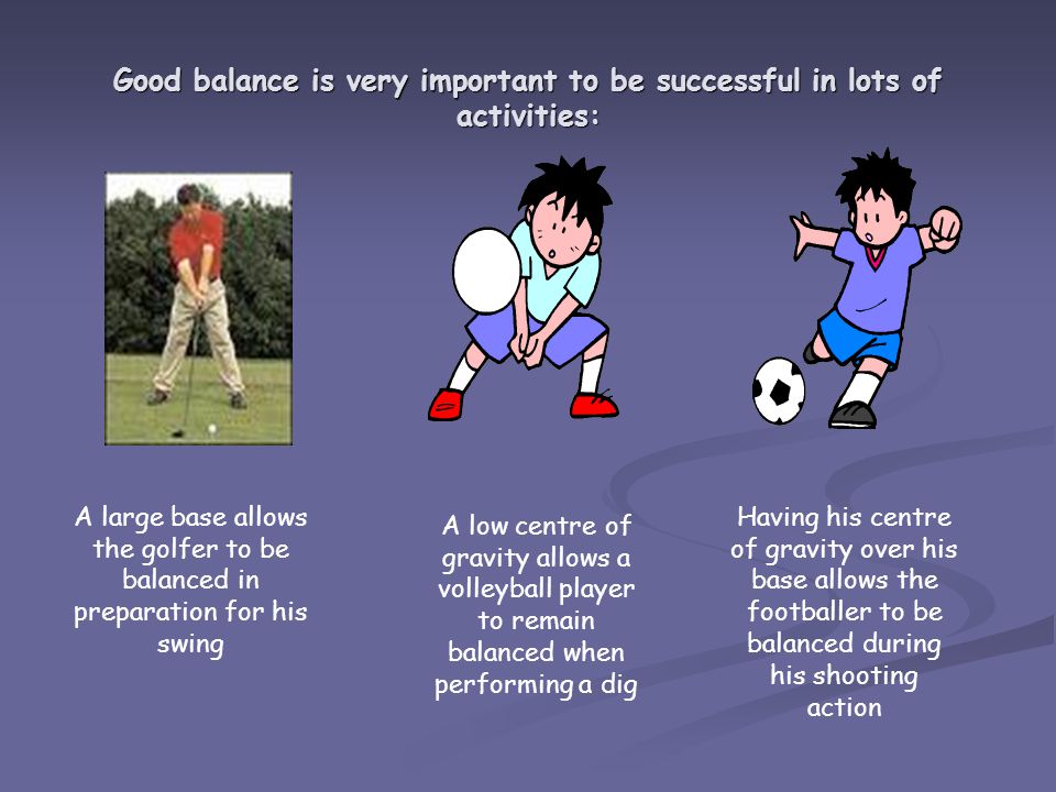Good balance is very important to be successful in lots of activities: A large base allows the golfer to be balanced in preparation for his swing A low centre of gravity allows a volleyball player to remain balanced when performing a dig Having his centre of gravity over his base allows the footballer to be balanced during his shooting action