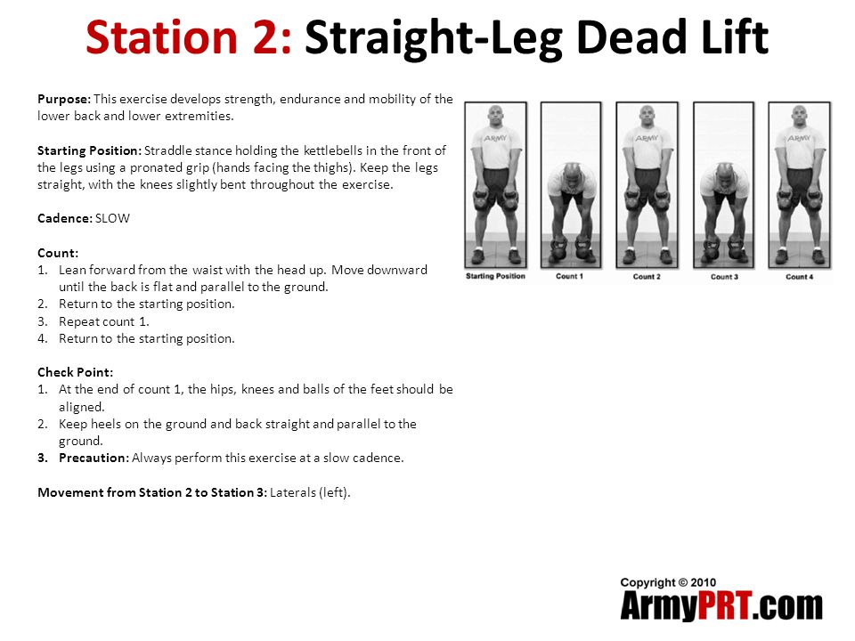 Station 2: Straight-Leg Dead Lift Purpose: This exercise develops strength, endurance and mobility of the lower back and lower extremities.