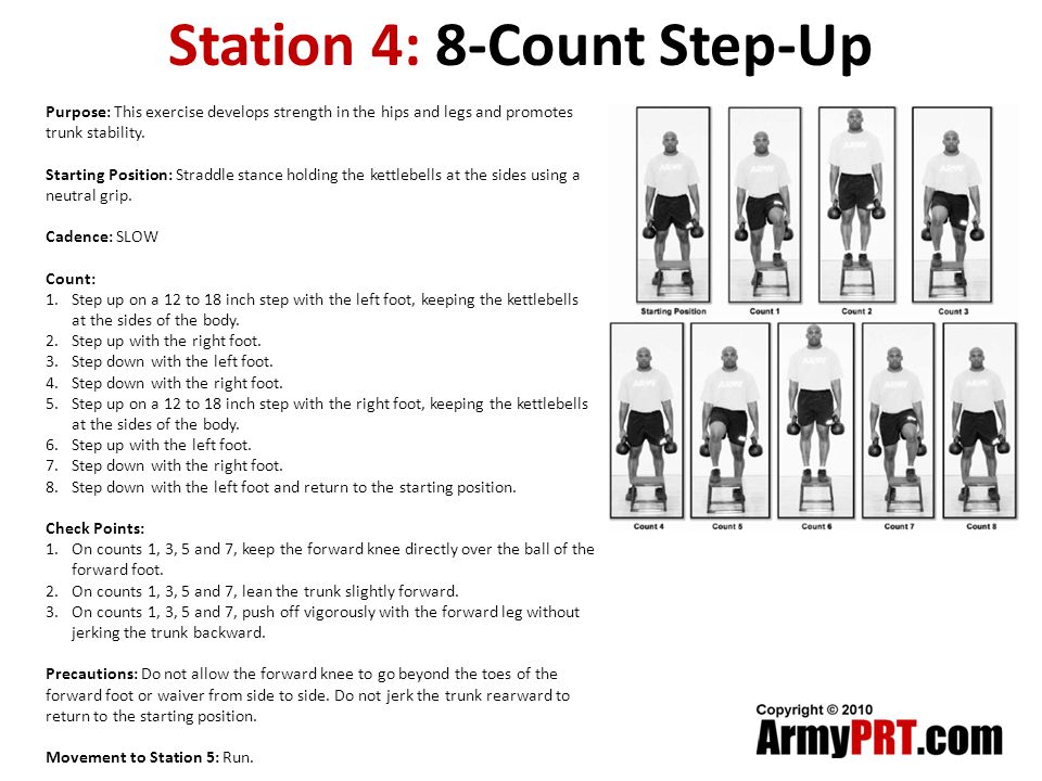 Station 4: 8-Count Step-Up Purpose: This exercise develops strength in the hips and legs and promotes trunk stability.