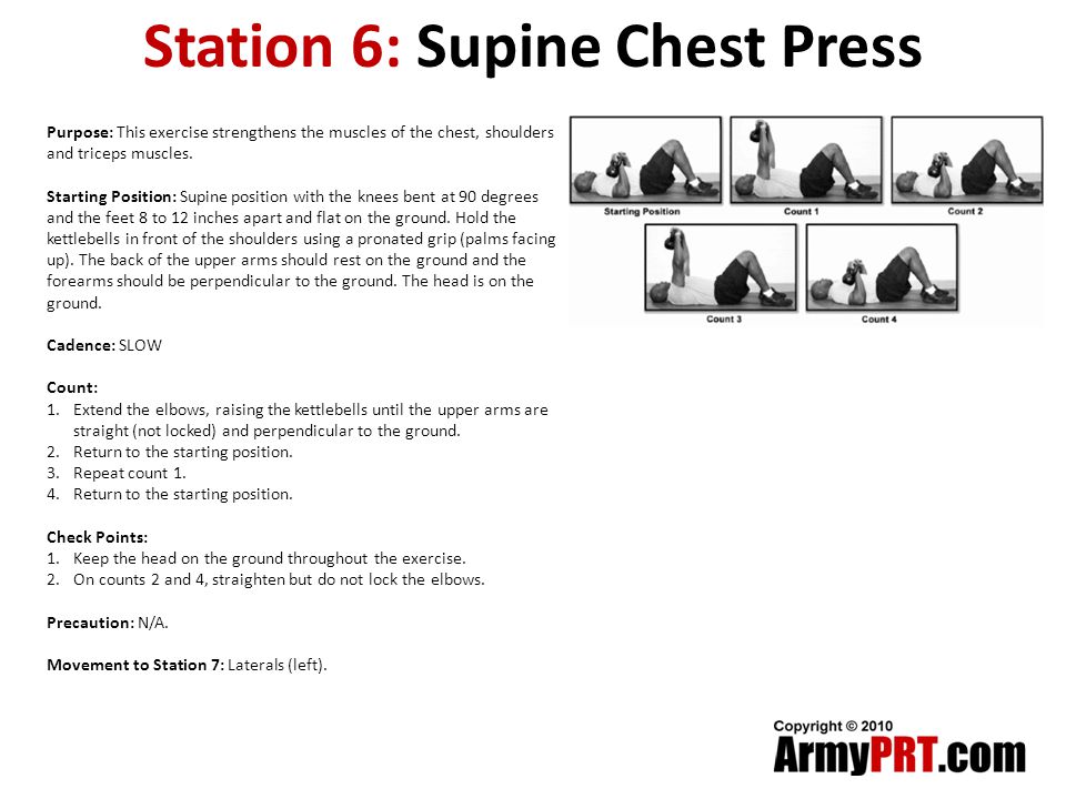 Station 6: Supine Chest Press Purpose: This exercise strengthens the muscles of the chest, shoulders and triceps muscles.