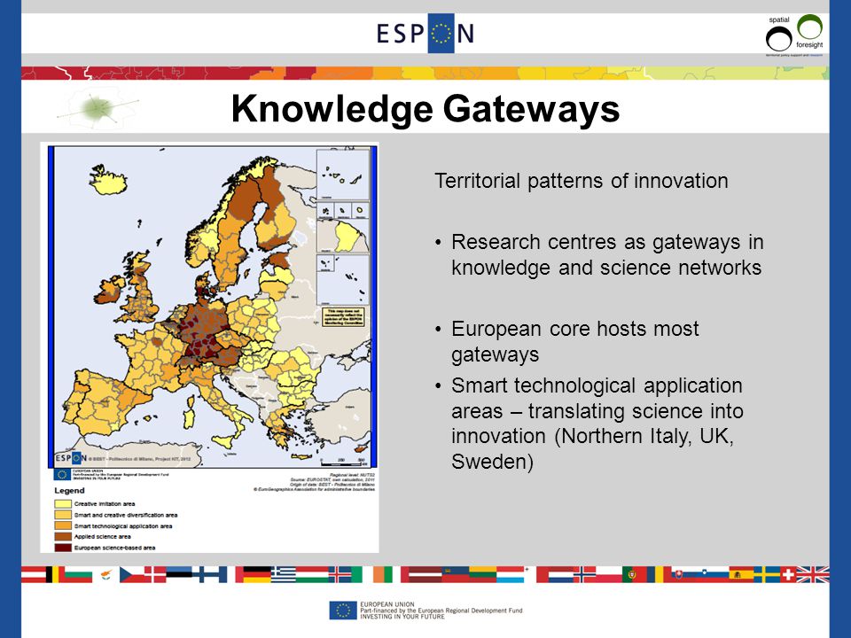 Territorial patterns of innovation Research centres as gateways in knowledge and science networks European core hosts most gateways Smart technological application areas – translating science into innovation (Northern Italy, UK, Sweden) Knowledge Gateways