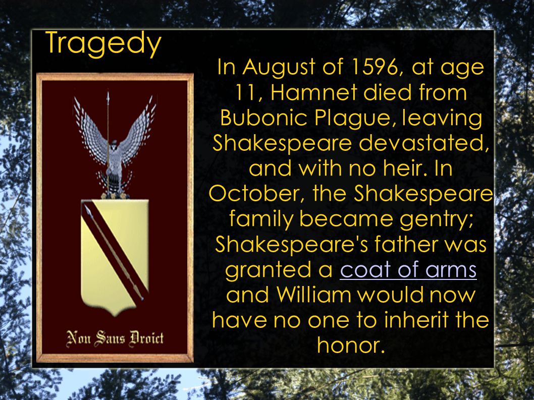 Tragedy In August of 1596, at age 11, Hamnet died from Bubonic Plague, leaving Shakespeare devastated, and with no heir.