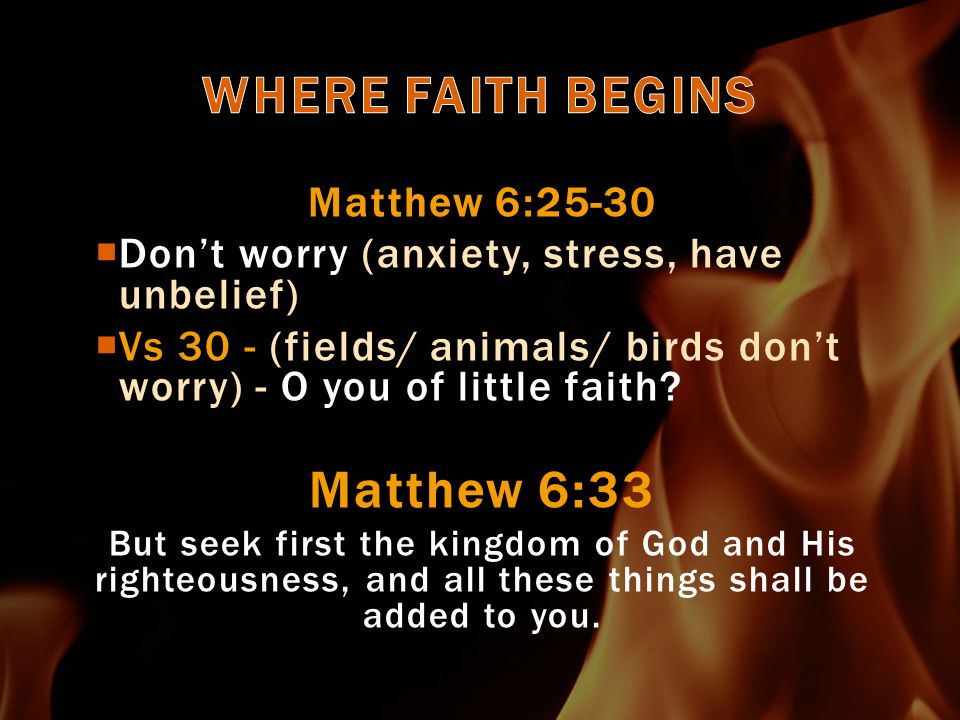 Matthew 6:25-30  Don’t worry (anxiety, stress, have unbelief)  Vs 30 - (fields/ animals/ birds don’t worry) - O you of little faith.