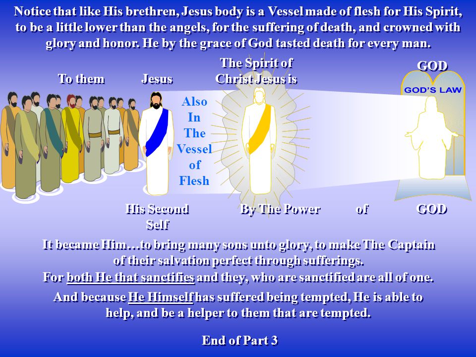 Also In The Vessel of Flesh Notice that like His brethren, Jesus body is a Vessel made of flesh for His Spirit, to be a little lower than the angels, for the suffering of death, and crowned with glory and honor.