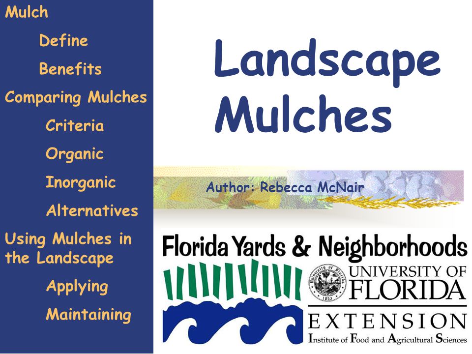 1 Landscape Mulches Mulch Define Benefits Comparing Mulches Criteria Organic Inorganic Alternatives Using Mulches in the Landscape Applying Maintaining Author: Rebecca McNair