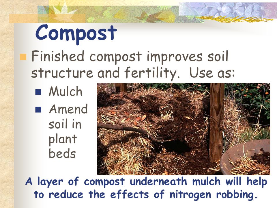 Compost Finished compost improves soil structure and fertility.