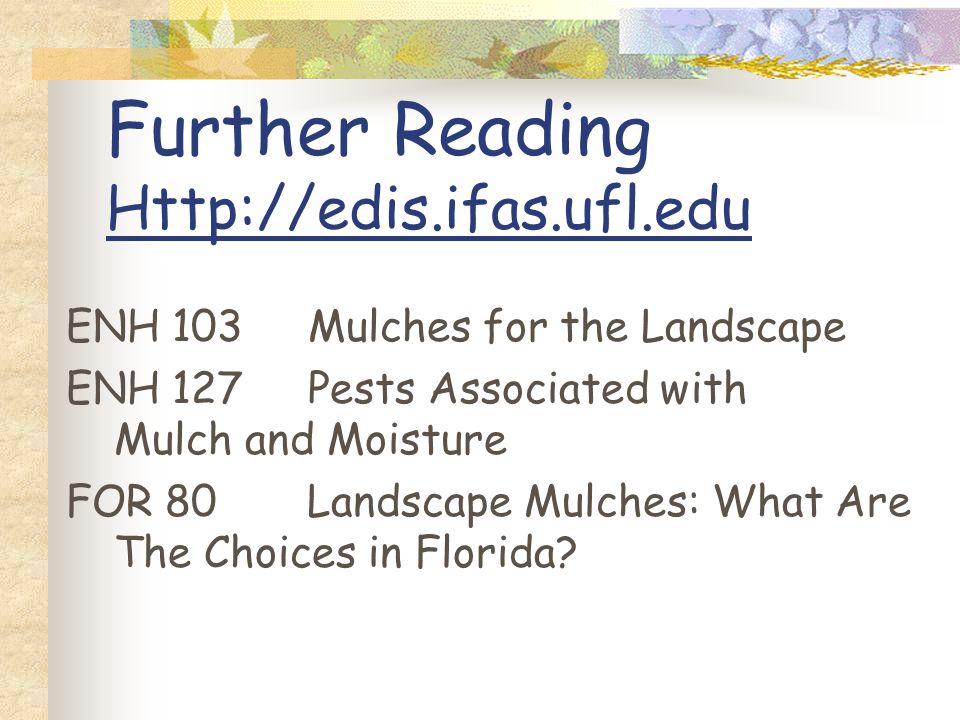 Further Reading   ENH 103 Mulches for the Landscape ENH 127 Pests Associated with Mulch and Moisture FOR 80 Landscape Mulches: What Are The Choices in Florida