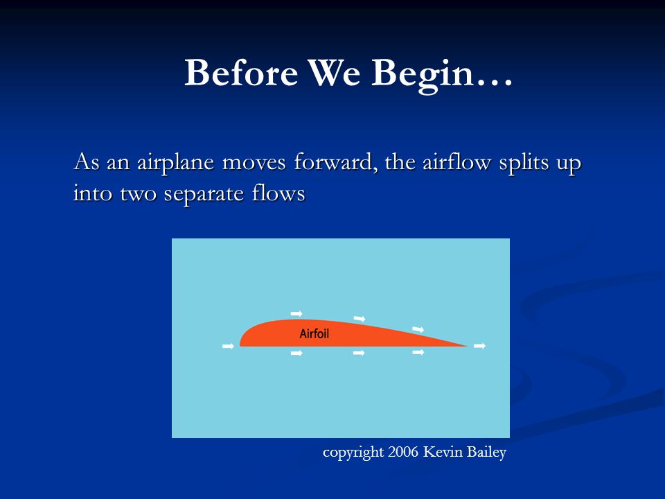 As an airplane moves forward, the airflow splits up into two separate flows Before We Begin… copyright 2006 Kevin Bailey