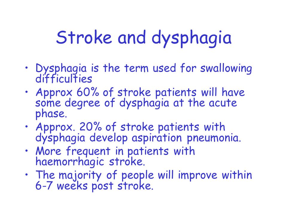 Stroke and dysphagia Dysphagia is the term used for swallowing difficulties Approx 60% of stroke patients will have some degree of dysphagia at the acute phase.