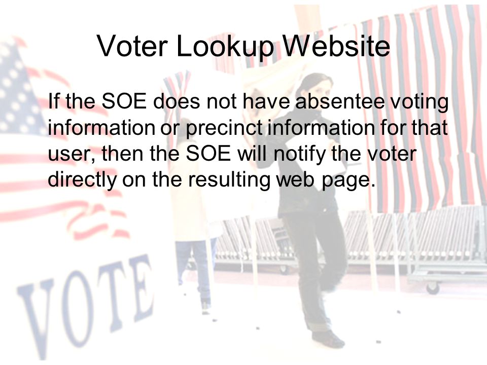 If the SOE does not have absentee voting information or precinct information for that user, then the SOE will notify the voter directly on the resulting web page.