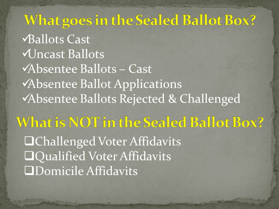 Ballots Cast Uncast Ballots Absentee Ballots – Cast Absentee Ballot Applications Absentee Ballots Rejected & Challenged  Challenged Voter Affidavits  Qualified Voter Affidavits  Domicile Affidavits