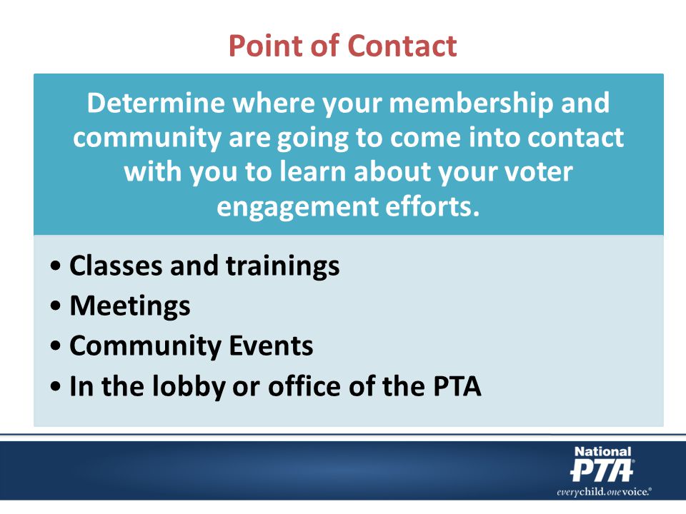 Point of Contact Determine where your membership and community are going to come into contact with you to learn about your voter engagement efforts.