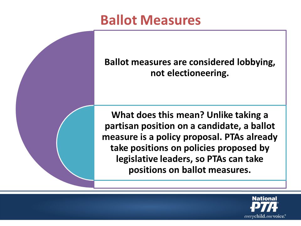 Ballot Measures Ballot measures are considered lobbying, not electioneering.